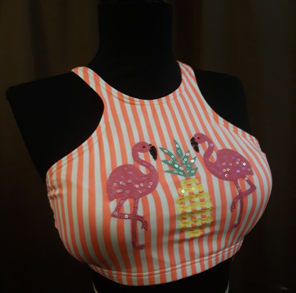 Coco Rave flamingo pink White Retro striped halter bikini top Open Back NEW XL - Picture 2 of 5